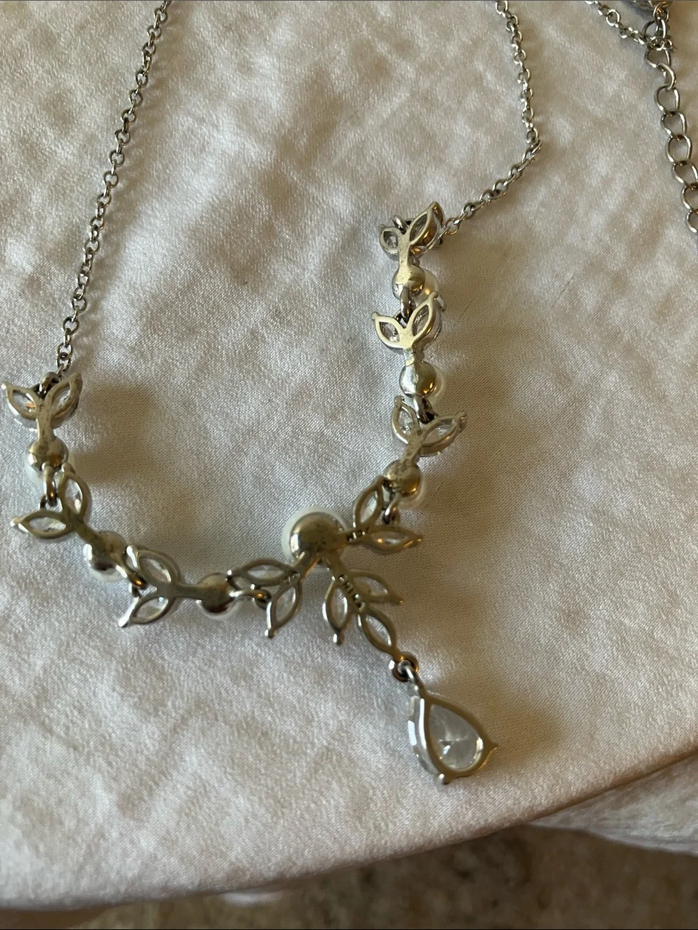 Faux Pearl & Crystal Drop Necklace - Silver Tone